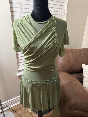 AM Olive Green Draped Short Sleeve Dance Dress with Embellishments